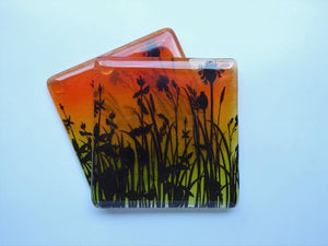 Eva Glass Design Orange and yellow flower meadow fused glass coaster (EGD  CBF)