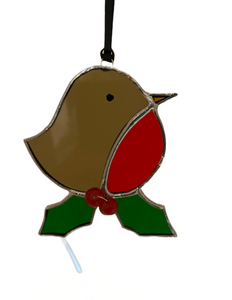 Liz Browning Glass Creations Robin and Holly stained glass Christmas hanging (Glass)