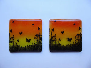 Eva Glass Design Orange and yellow butterfly meadow fused glass coaster (EGD  CBF)