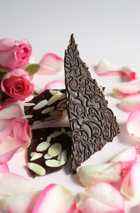 Flowers and Thorn Persian rose essence with almonds in dark Ecuadorian chocolate bark 