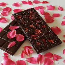 Load image into Gallery viewer, Flowers and Thorn Persian rose &amp; Raspberry dark Ecuadorian chocolate bar 100g 70%