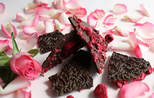 Load image into Gallery viewer, Flowers and Thorn Persian rose essence with raspberries in dark Ecuadorian chocolate bark (FANDT)