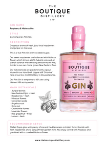 Boutique Distillery pink raspberry and hibiscus Cotswold gin 45% ABV 50cl