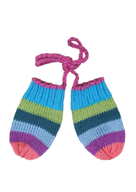 Amanda Hawkins Knitwear handmade mittens blue green purple and pink 