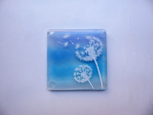 Eva Glass Design Blue and white dandelion fused glass coaster