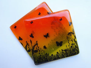 Eva Glass Design Orange and yellow butterfly meadow fused glass coaster (EGD  CBF)