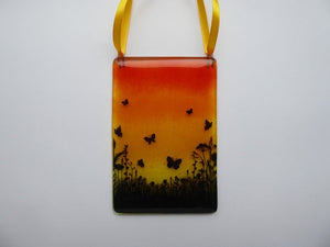 EvaGlass Design Orange and yellow butterfly meadow fused glass suncatcher (EGD BFSC)