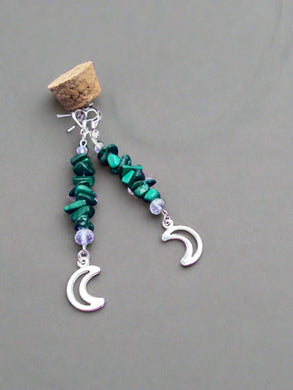 Malachite and crystal earrings with moon detail