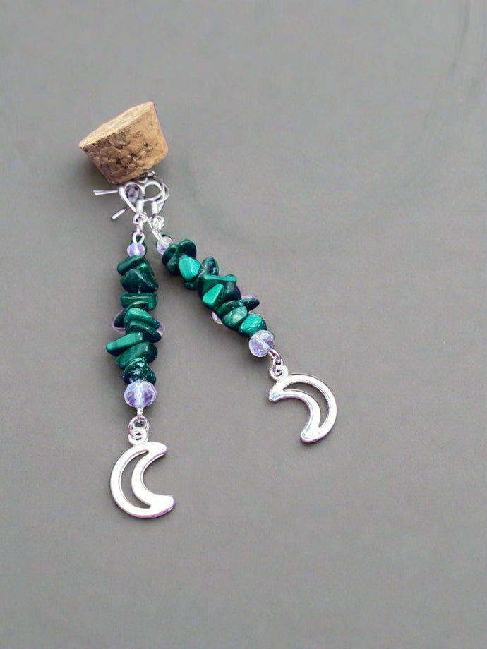 Malachite and crystal earrings with moon detail