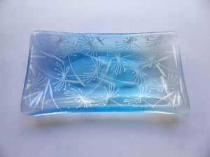 Eva Glass Design Blue and white dandelion clocks fused glass soap dish (EGD