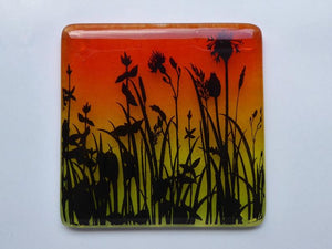 Eva Glass Design Orange and yellow flower meadow fused glass coaster (EGD  CBF)