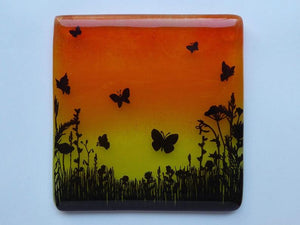 Eva Glass Design Orange and yellow butterfly meadow fused glass coaster (EGD  CBF)