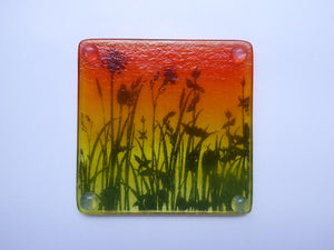 Eva Glass Design Orange and yellow flower meadow fused glass coaster (EGD  CBF)