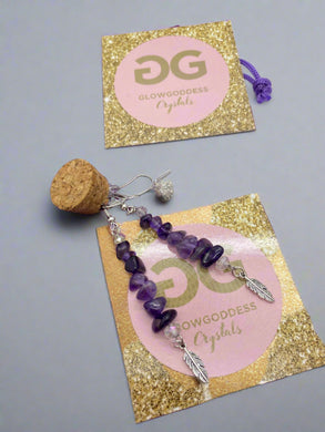Amethyst and crystal earrings with feather detail