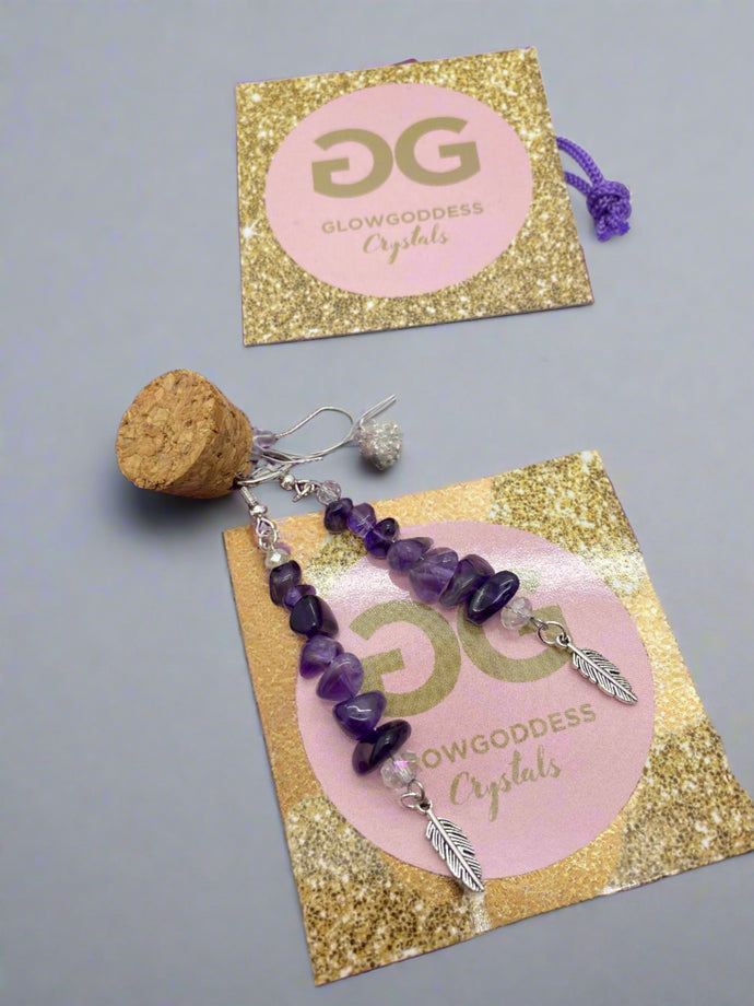 Amethyst and crystal earrings with feather detail