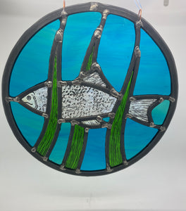 Liz Dart Stained Glass round fish panel Stroud