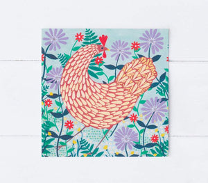 Sian Summerhayes "Brown chicken among lilac flowers" greetings card