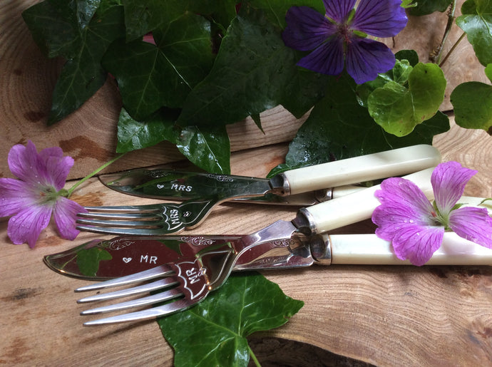 Mr and Mrs vintage, hand stamped, silver plated knives and forks set