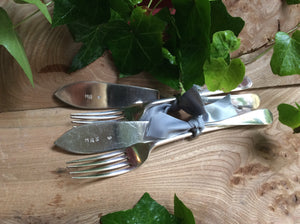 Mr and Mrs vintage, hand stamped, silver plated knives and forks set