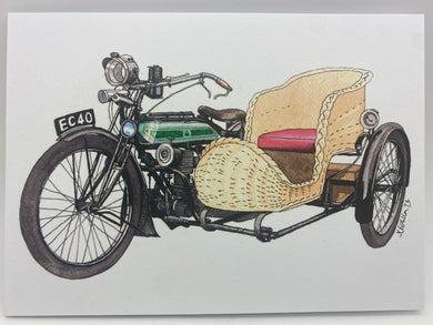 Broody Designs Triumph model H with wicker sidecar greetings card