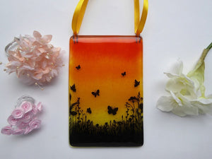 EvaGlass Design Orange and yellow butterfly meadow fused glass suncatcher