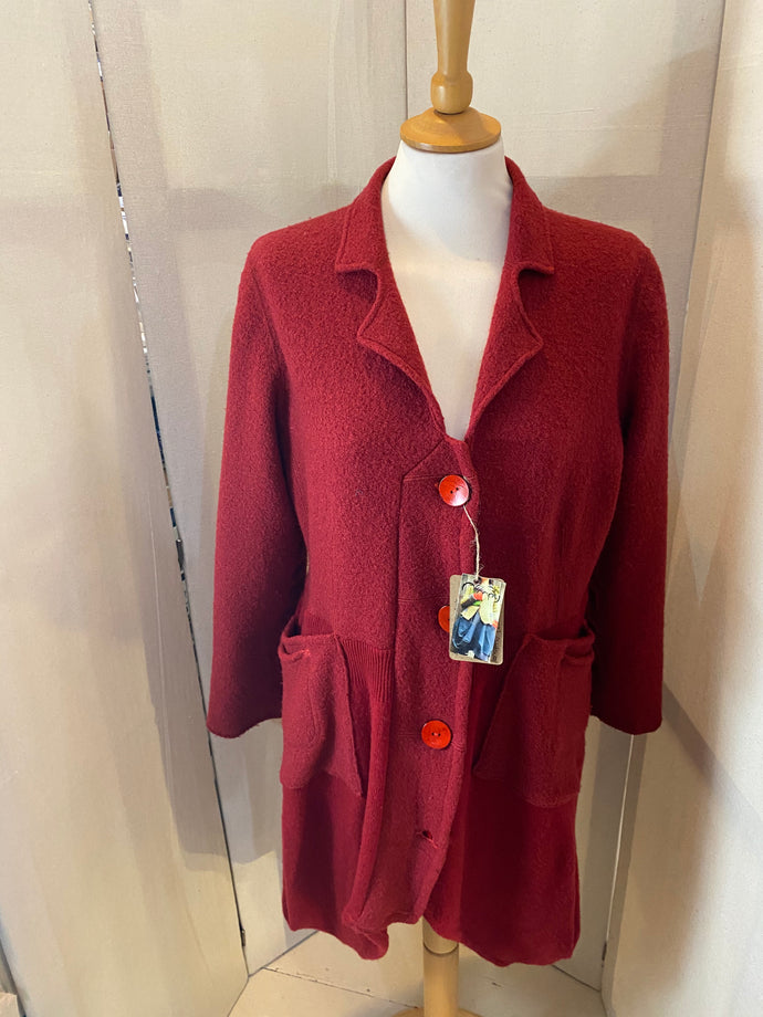 Upcycled lambswool deep red cardigan with coconut shell buttons
