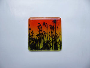 Eva Glass Design Orange and yellow flower meadow fused glass coaster 