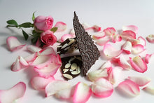 Load image into Gallery viewer, Flowers and Thorn Persian rose essence with almonds in dark Ecuadorian chocolate bark (FANDT)